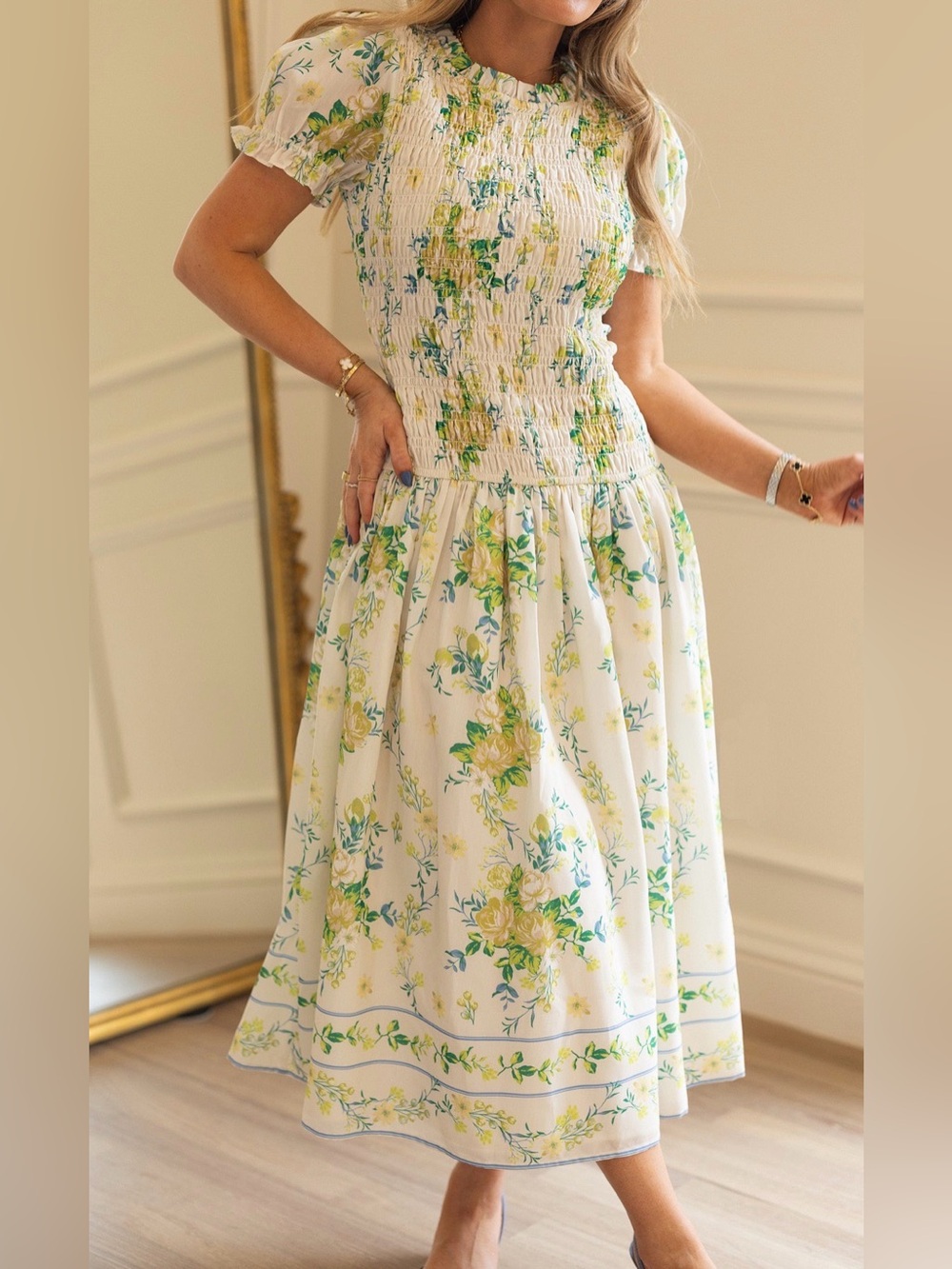 Ivy City Co Jennifer Floral Smocked Midi Dress - White with Yellow & Green
